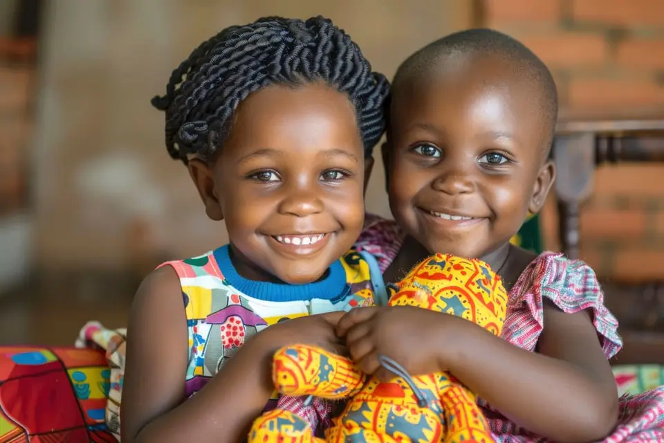 Two smiling children holding a stuffed toy